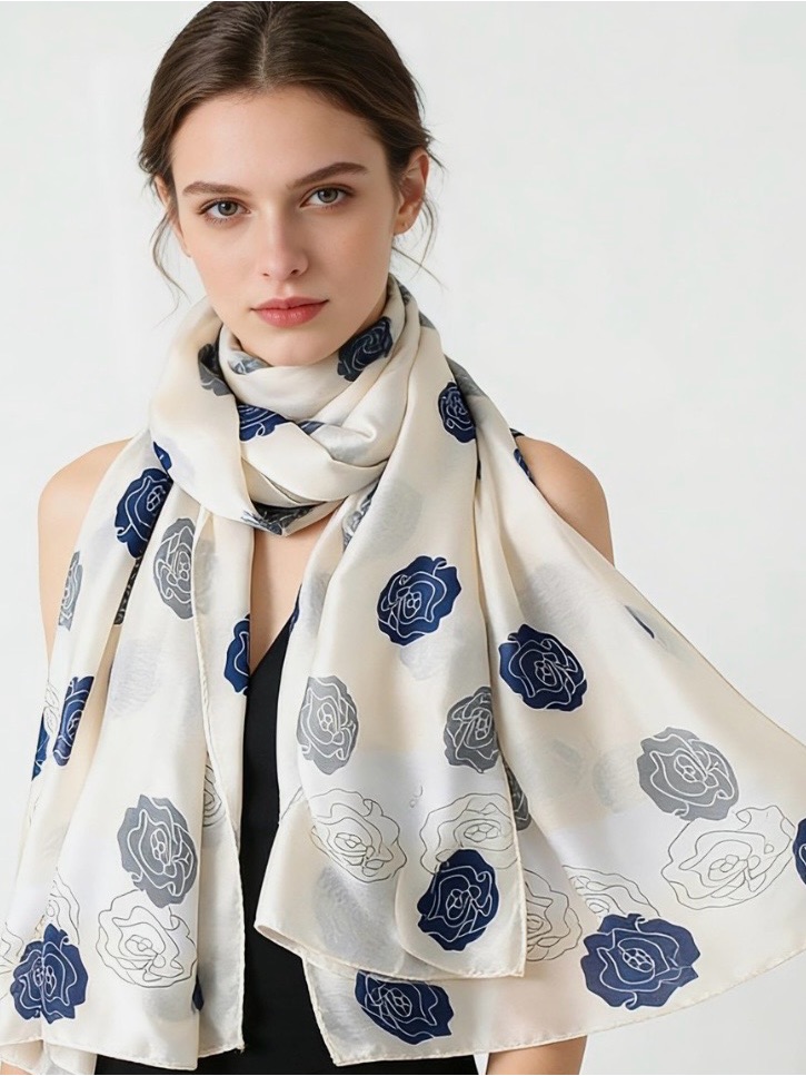 Vintage White Navy Blue Floral Silk Scarf